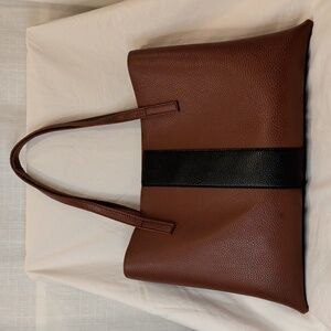 Vince Camuto Vegan Leather Tote Bag- Brown With Black Stripe